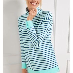 Turtleneck Top of Poly Fill Aqua, White, and Navy Stripes and Solid Aqua Trim